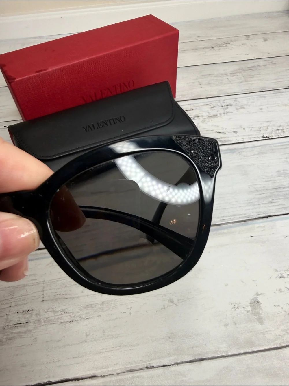 Valentino Black Cat-Eye Sunglasses with Glitter Temple Accents